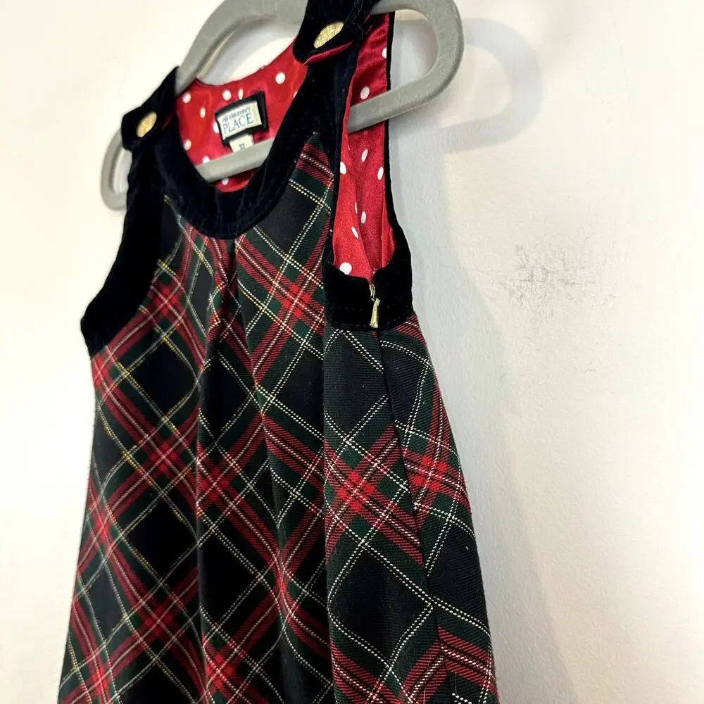 Children's Place Tartan Plaid Dress Pinafore Velvet Girl 3T Black Red Christmas - Picture 4 of 8